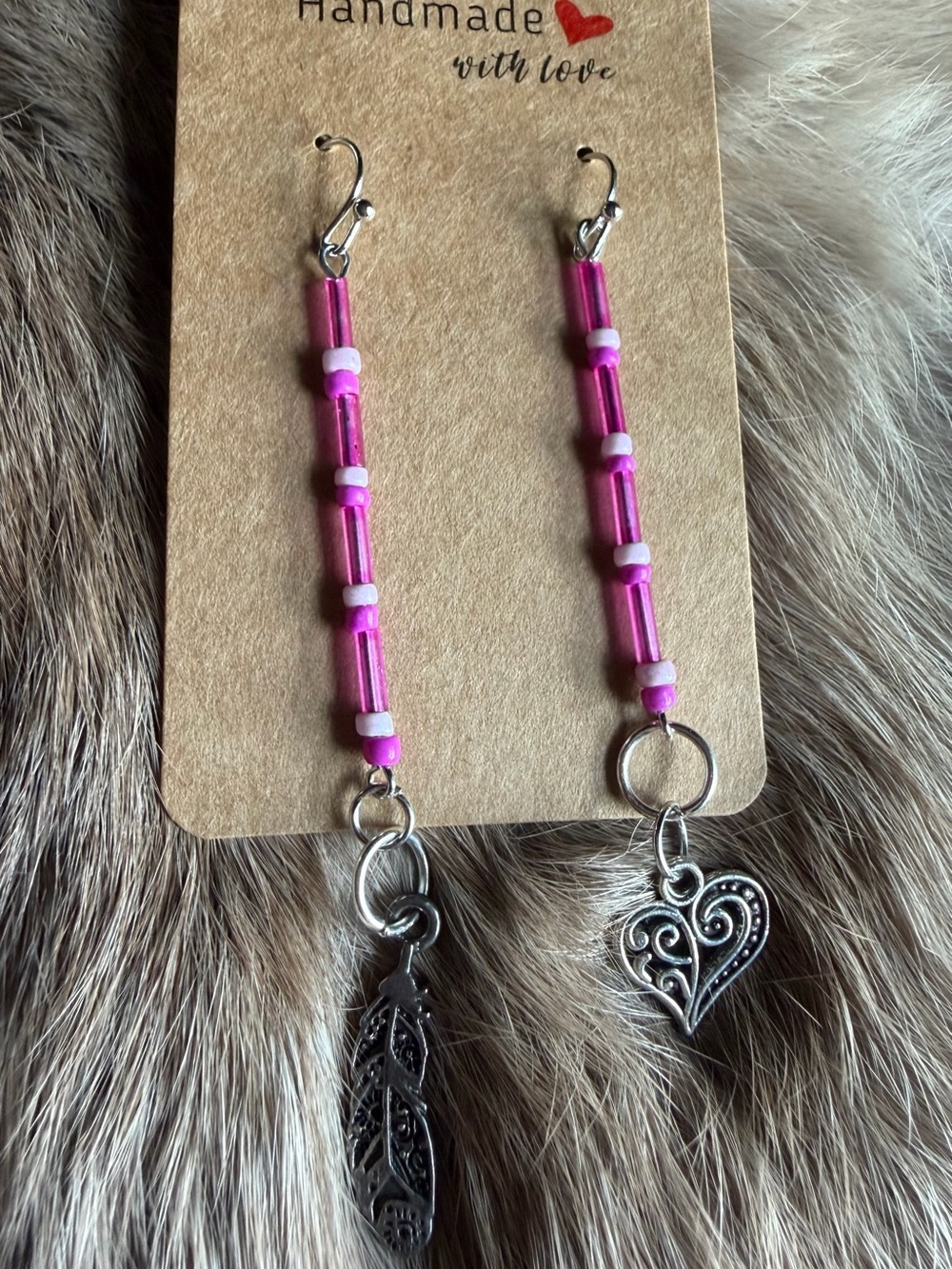 Handmade Pink Beaded Dangle Earrings with Silver Feather & Heart Charms